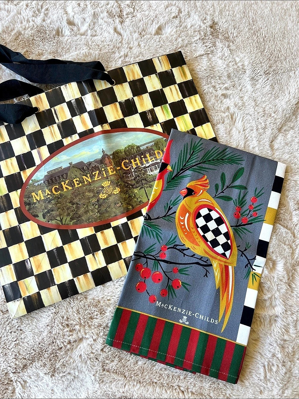 NEW! Mackenzie-Childs Holiday Cardinal Dish Towel Cotton Checkered Holiday Dish